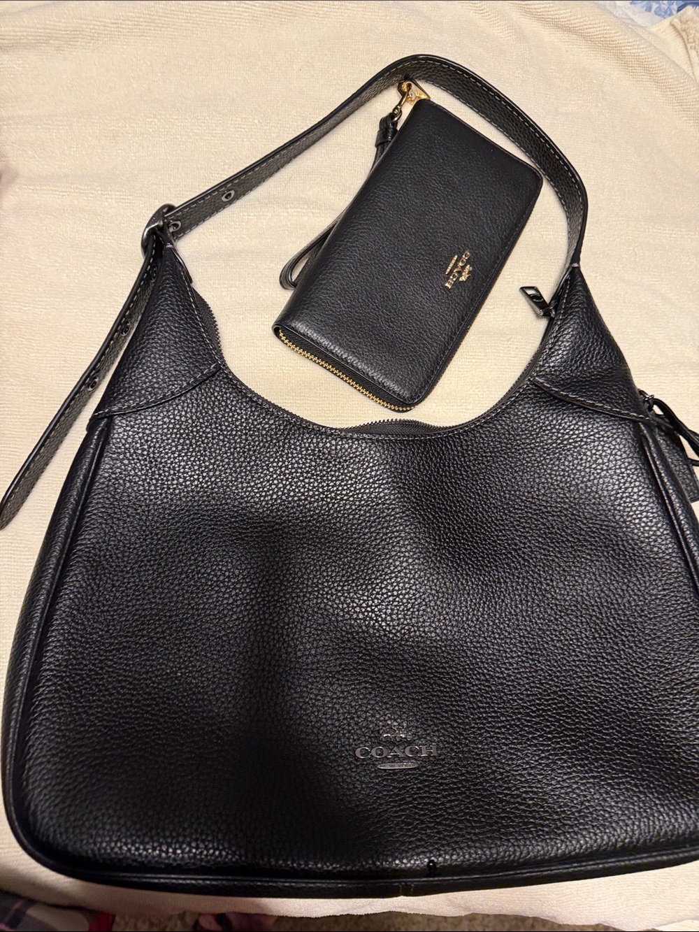 Coach Black Pebbled Leather Shoulder Bag with Matching Wallet